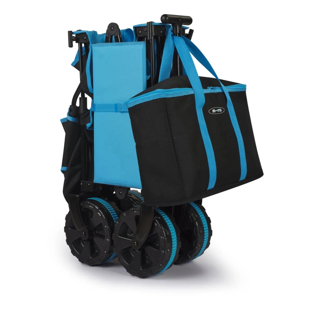 Micro Wagon Deluxe Pro folding wagon in blue and black with large rugged wheels by MICRO