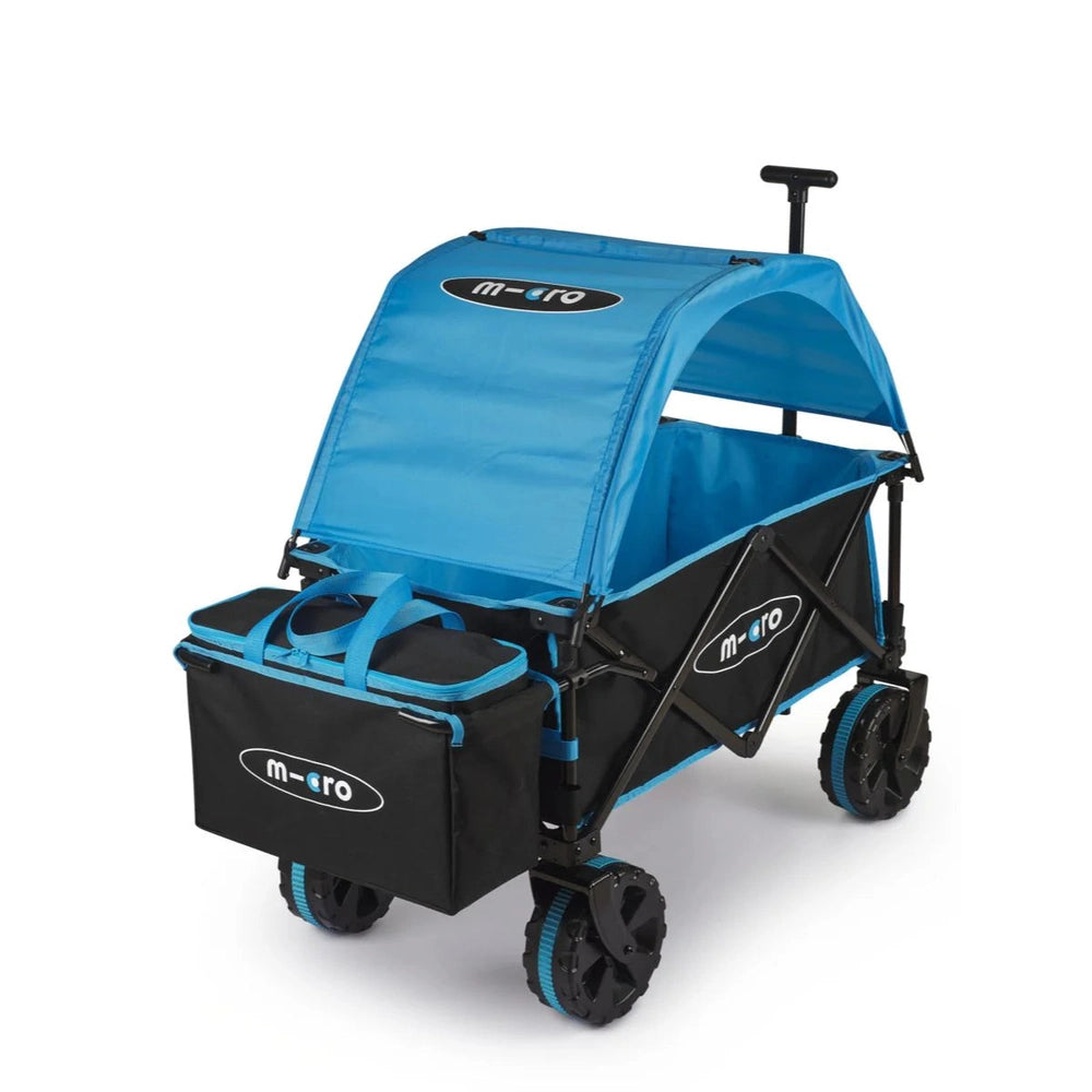 Micro Wagon Deluxe Pro blue riding wagon with canopy, rugged wheels and storage bag