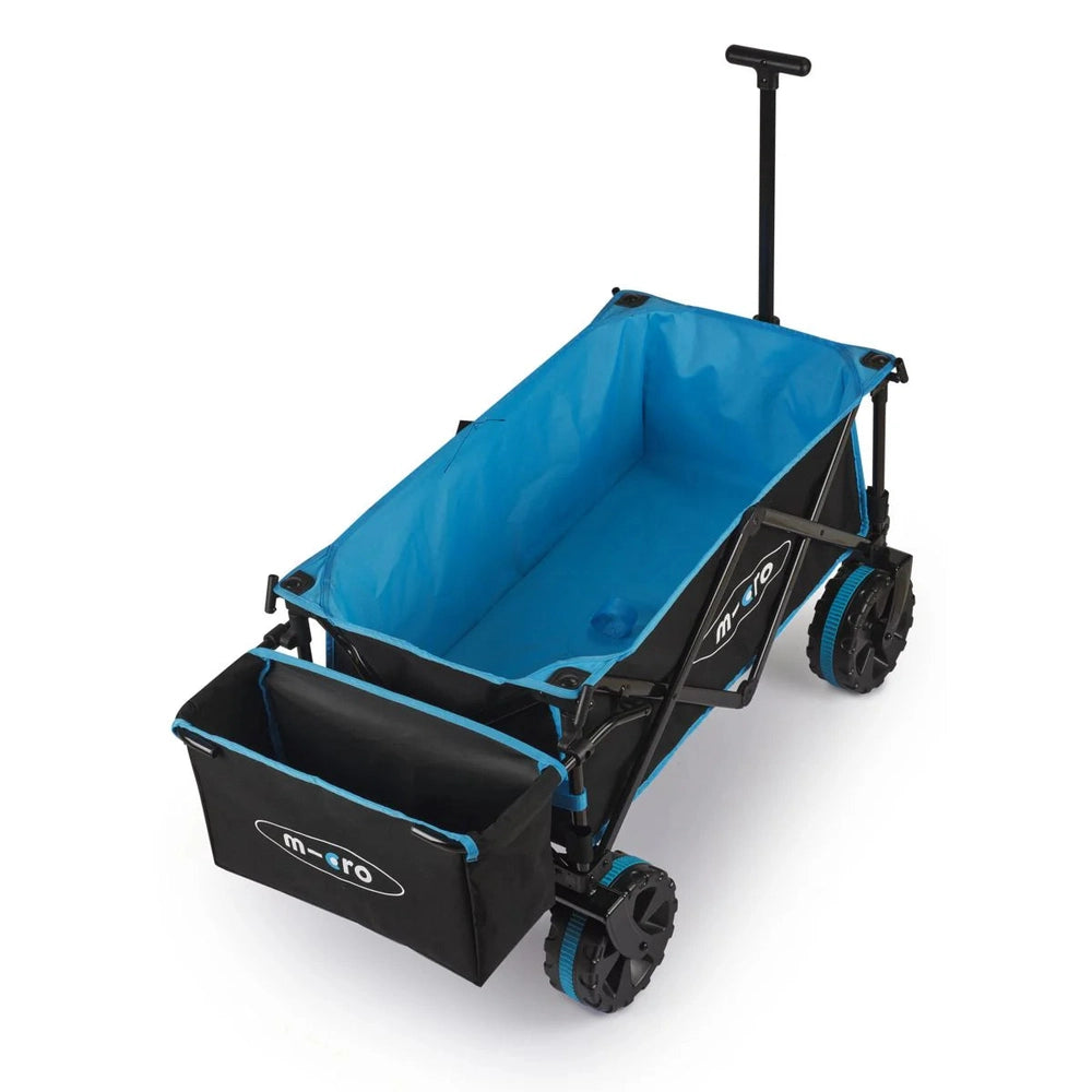 Micro Wagon Deluxe Pro blue wagon with black frame, rugged wheels, and side cargo bag