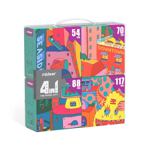 Mideer 4 In 1 Puzzle The Magic City, colorful cityscape puzzles in 54, 70, 88 and 117 pieces