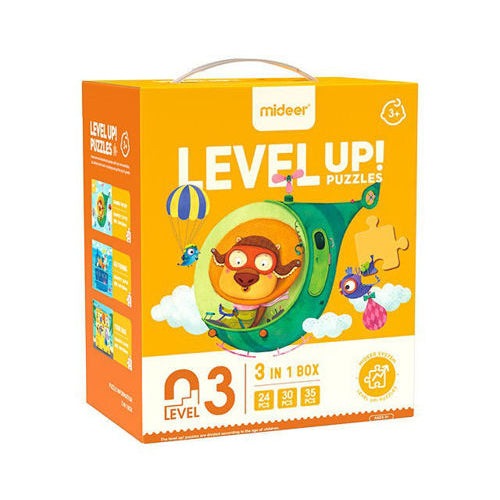 MIDEER Level Up 3 in 1 Puzzle Box 89pcs in orange packaging featuring a tiger in a helicopter