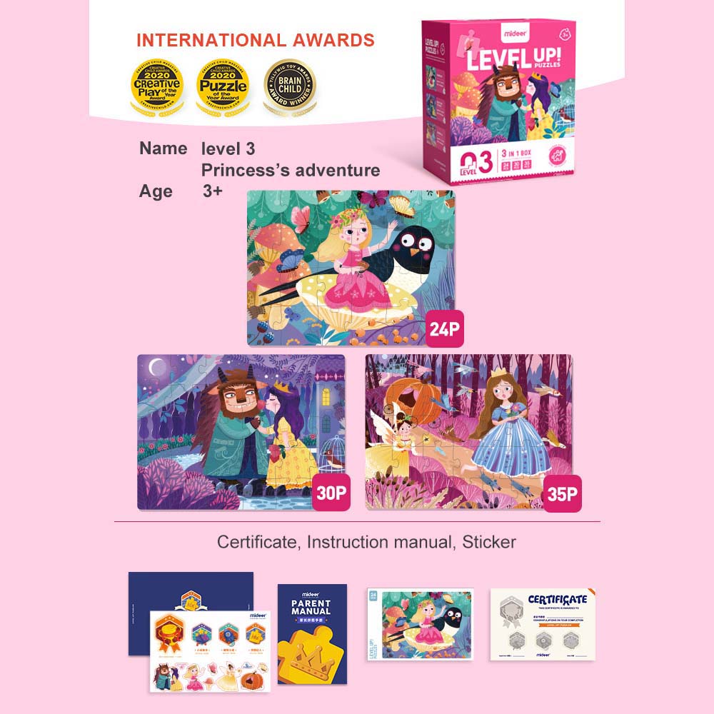 MIDEER Advanced Progressive Puzzle Level 03 Princess Fate 89-piece set with certificate, instruction manual, and stickers