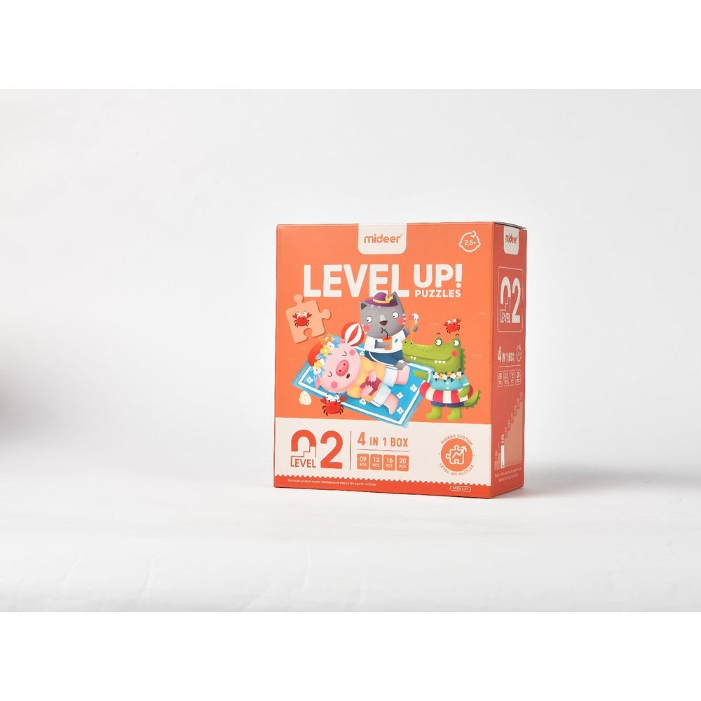 Mideer Level Up Puzzle Level 2 box with 57 pieces, orange packaging and colorful animal characters