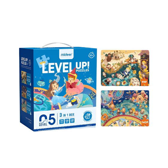 MIDEER Level 05 Fairy Tale World 359-piece puzzle set in blue box; 3-in-1 with two puzzle cards