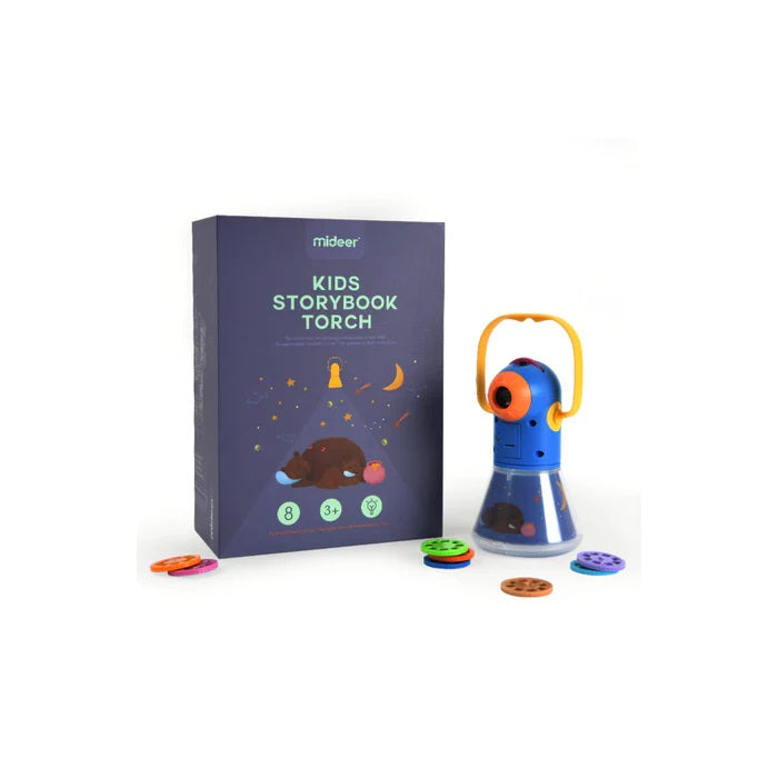 MIDEER Kids Storybook Torch toy set with blue body, orange handle, and colorful discs for bedtime learning.