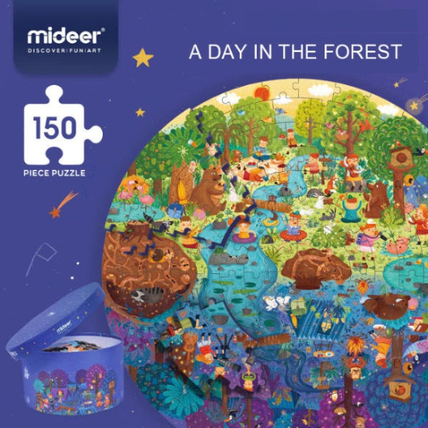 Mideer 150-piece circular jigsaw puzzle, A Day in the Forest, colorful woodland scene for kids