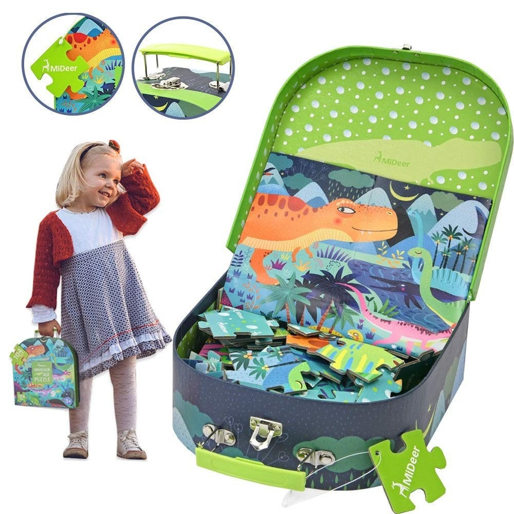 Dinosaur Age Puzzle by MIDEER in a green-trim travel case with colorful dinosaur scene and loose pieces