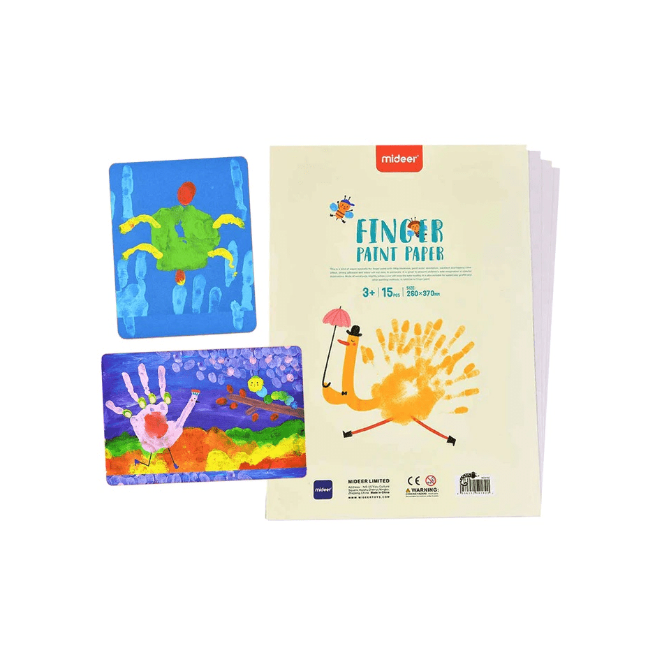 Mideer finger paint paper kit with two vibrant painted cards and a cream pad