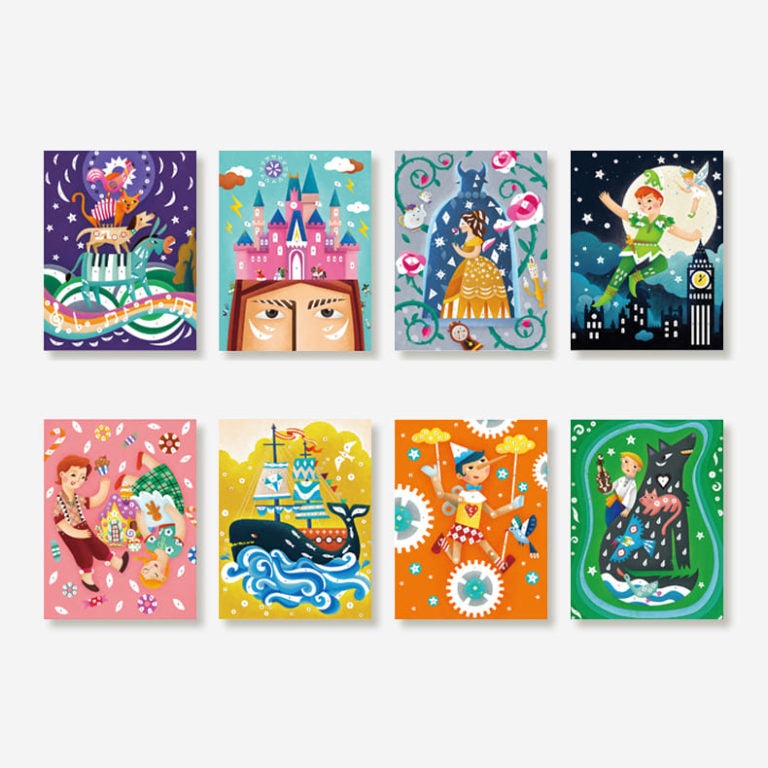 MIDEER Glitter Boards Arts & Crafts Set: 8 colorful illustrated boards with whimsical scenes.