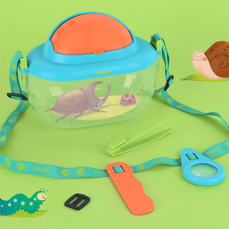Mideer Insect Box educational toy with blue lid, orange top and transparent container with teal strap