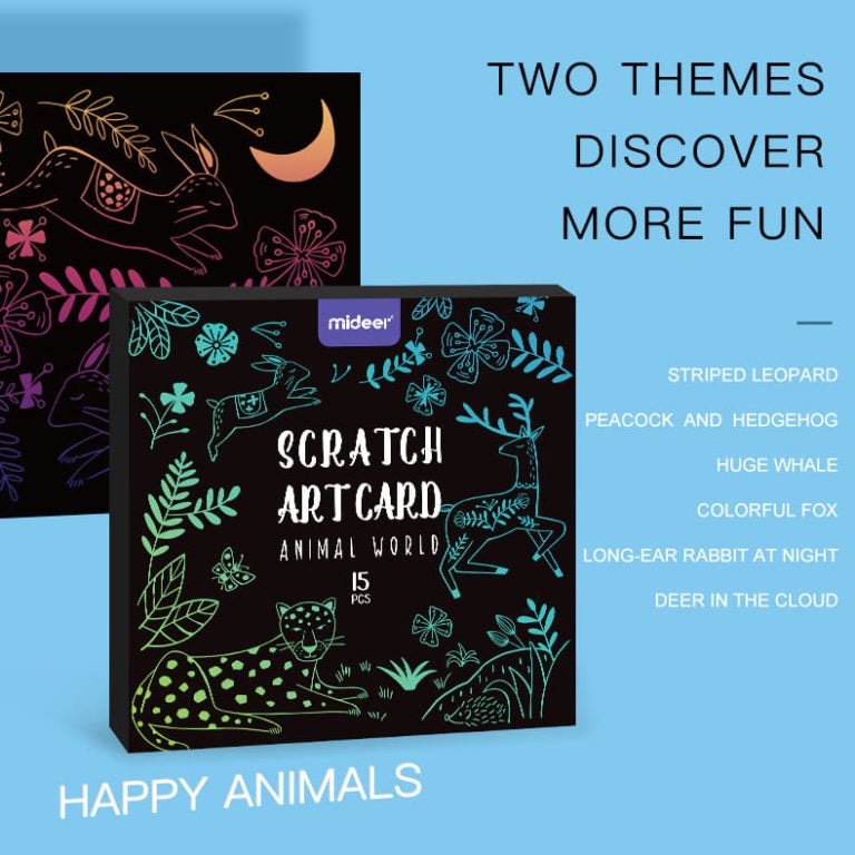 MIDEER Scratch Art Set 15 pcs for kids, black scratch paper with neon animal designs, Happy Animals