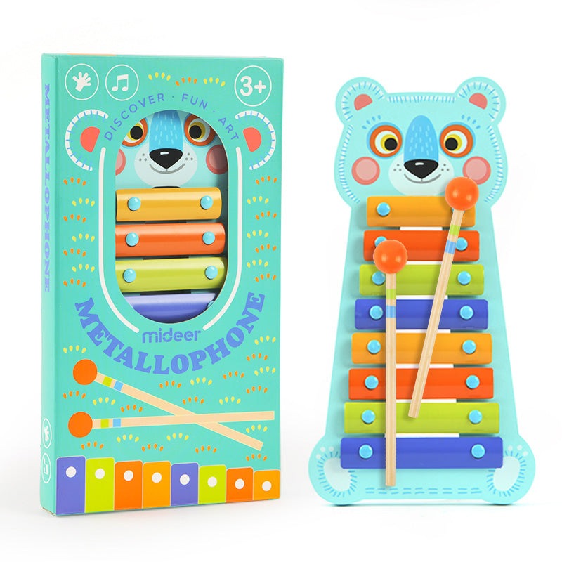 Mideer metal xylophone toy with rainbow bars in a blue bear-shaped case and two wooden mallets