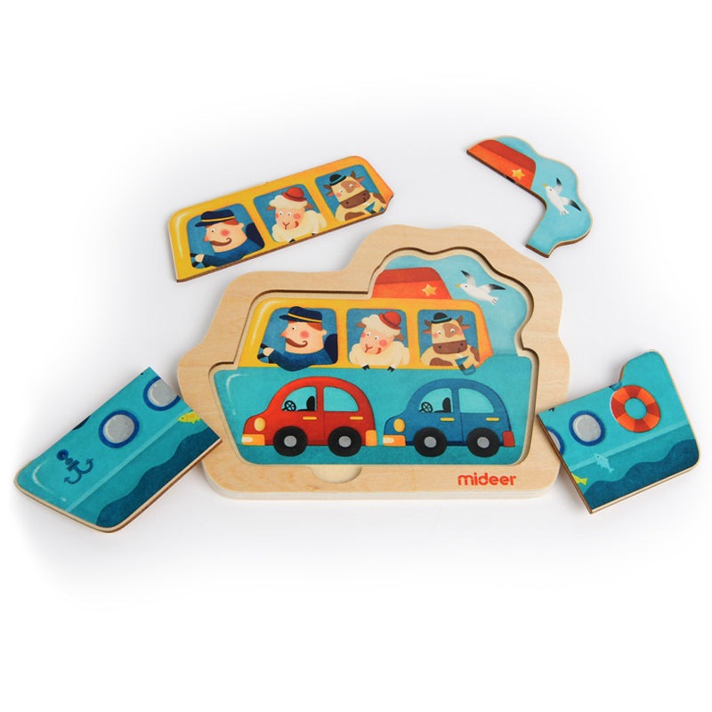 MIDEER Mini Discovery Puzzle Ship wooden toy featuring a colorful ship scene with smiling passengers