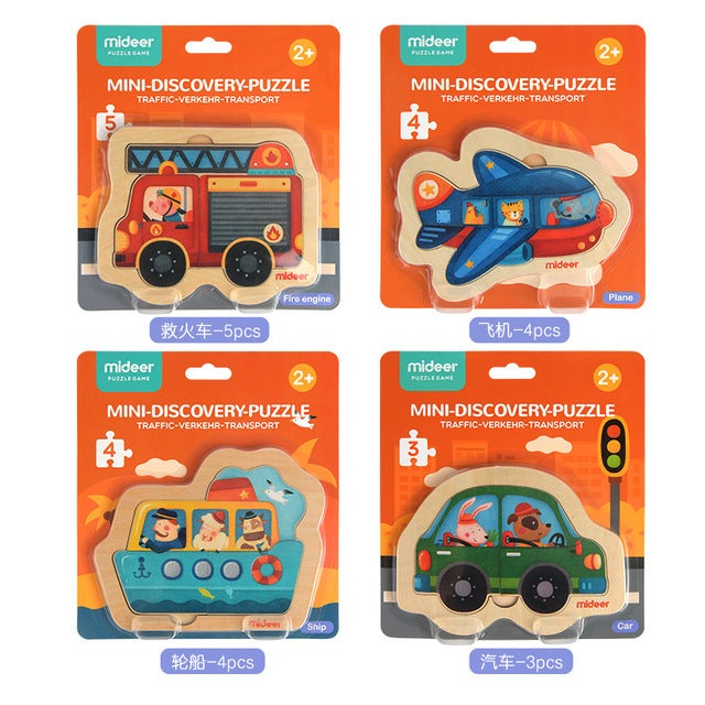 Mideer Mini-Discovery Puzzle set of 4 vehicle puzzles in orange packaging featuring a fire engine, plane, ship, and car