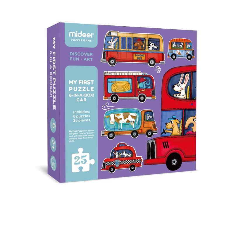 Mideer My First Puzzle Traffic box with colorful buses; toddler puzzles set includes 6 puzzles and 25 pieces.