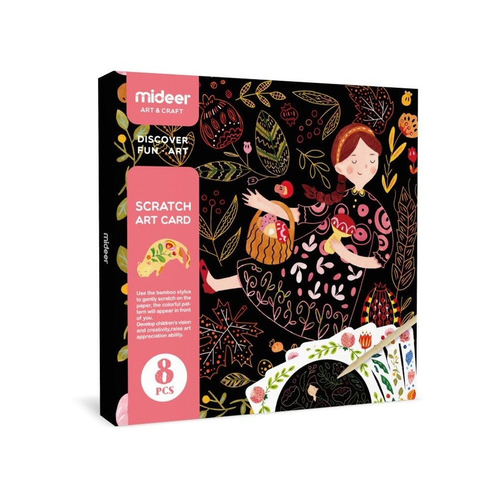 Mideer scratch art cards set, girl design, 8 pieces on black paper with colorful etched drawings