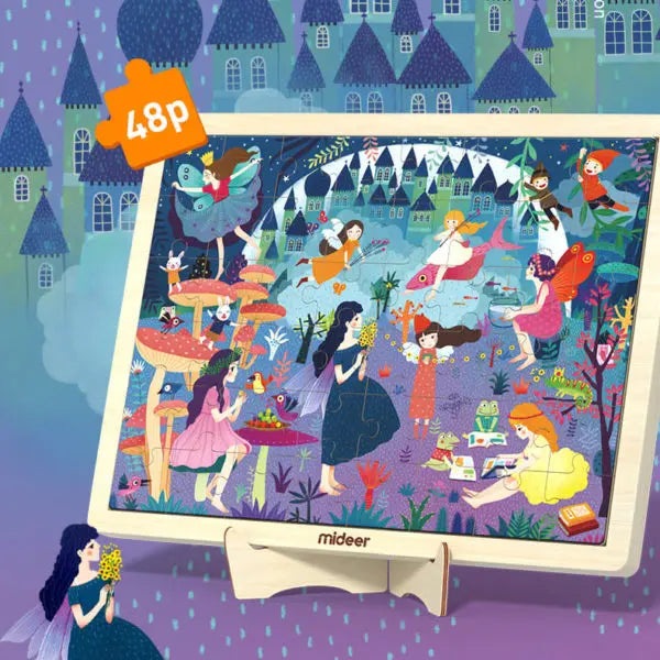 Mideer Standing Wooden Puzzle With Frame, 48P, showing a vibrant fairy-tale scene held by a wood frame stand