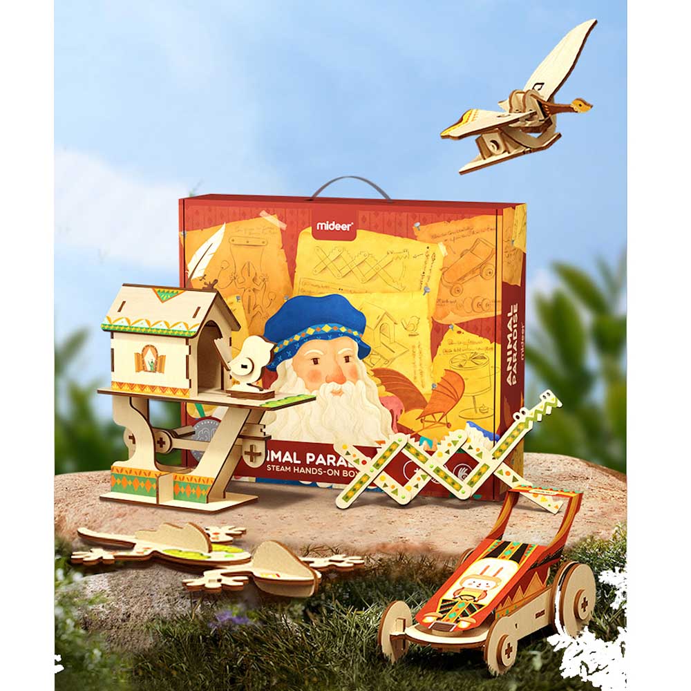 MIDEER Animal Paradise STEM box set with colorful wooden construction pieces and toy vehicles
