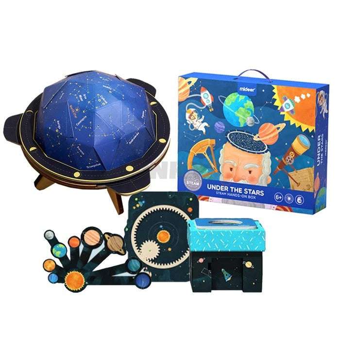 Mideer Under The Stars STEM kit with blue constellation globe and gears for space-themed learning