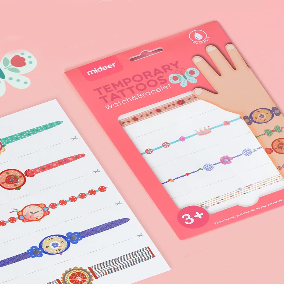 Mideer temporary tattoos girl watch and bracelet set on pink packaging with colorful designs