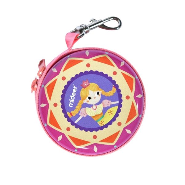 Mideer round tin purse pink with Lovely Girl illustration and geometric border, coin holder