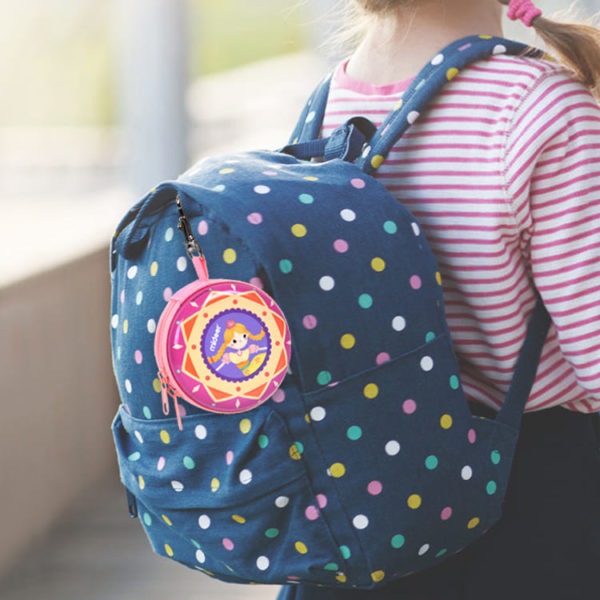 MIDEER Tin Purse-Lovely Girl coin purse in pink with girl illustration on blue polka-dot backpack