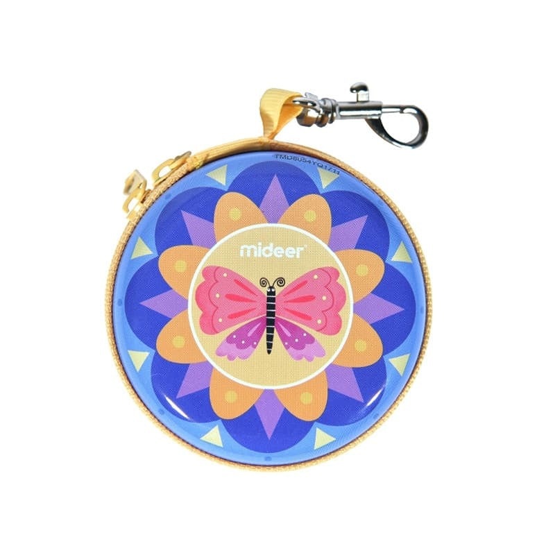 Mideer tin purse The Butterfly, round blue-yellow mandala with pink butterfly and metal clip