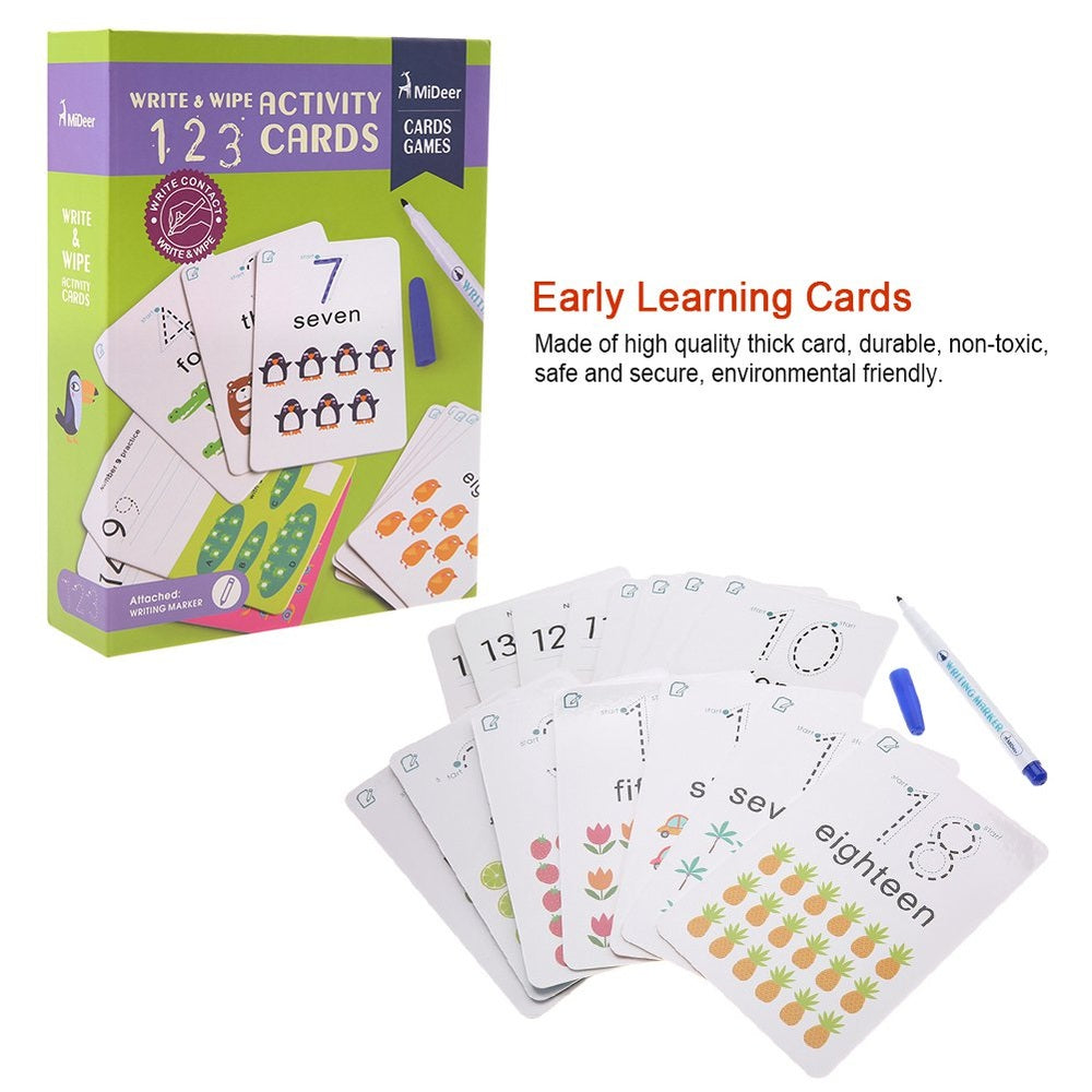 Mideer Wipe & Write Activity 123 Cards set with white cards and blue marker; colorful learning illustrations