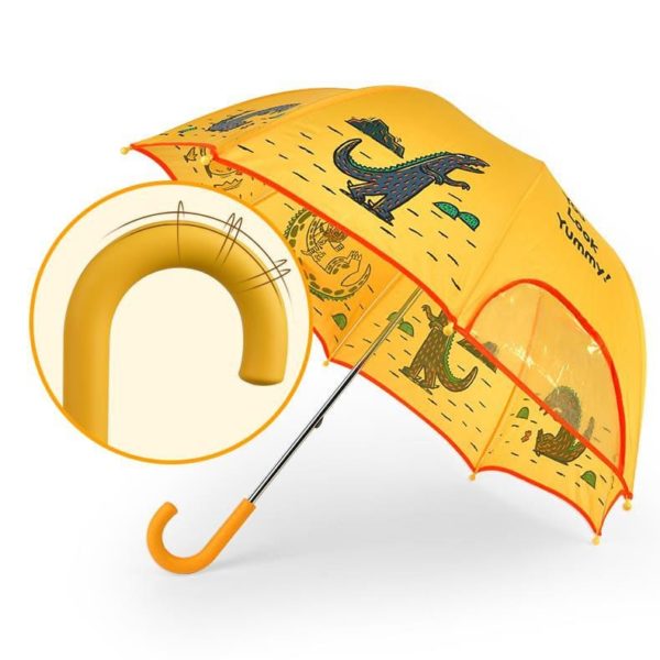 Mideer You Look Yummy kids umbrella with yellow canopy, crocodile print, and orange curved handle
