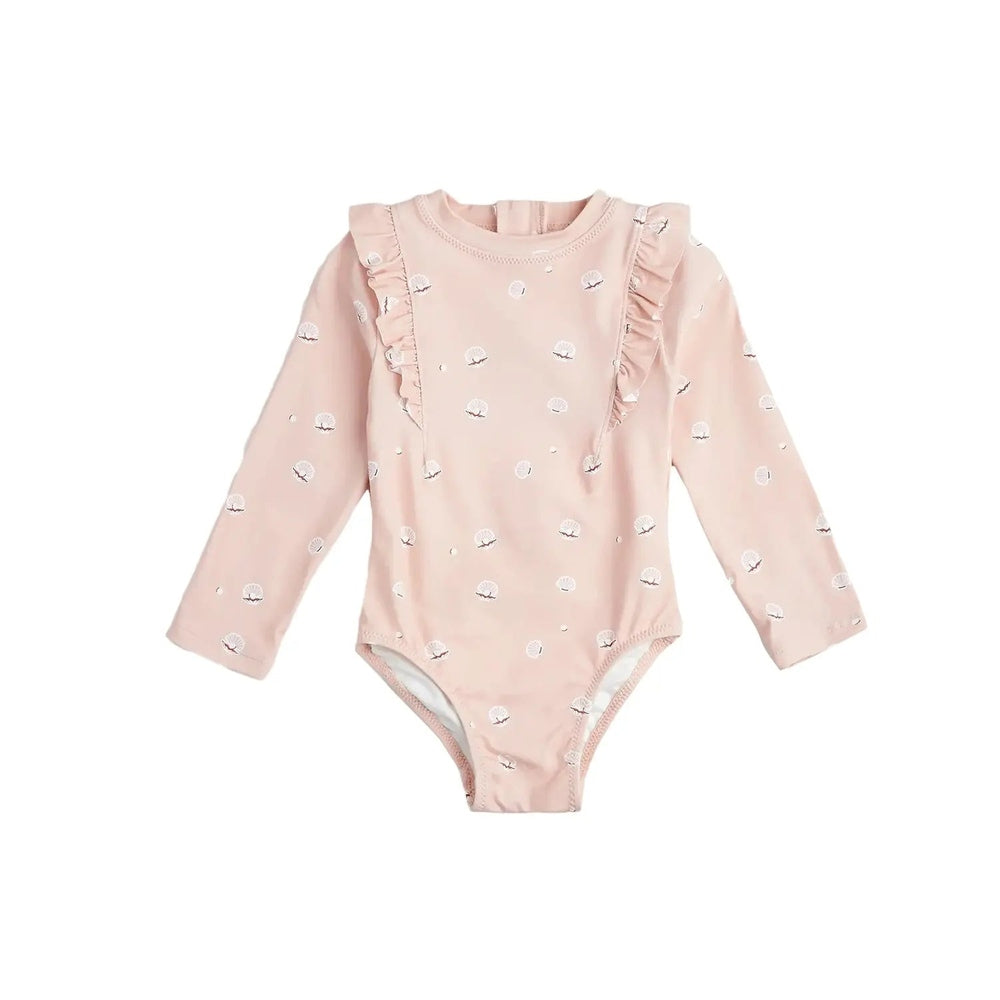 Miles The Label Long Sleeve Swimsuit Pink with seashell print and ruffle trim, laid flat to show design.