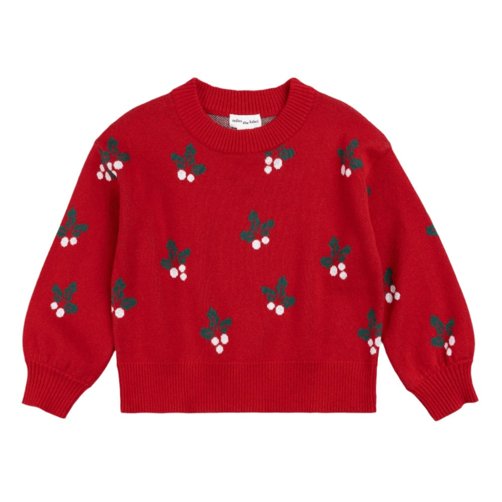Miles The Label Merry Mistletoe red jacquard baby sweater with green holly and white berries, ribbed cuffs