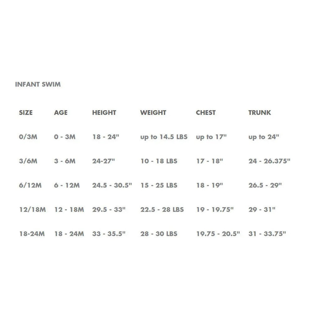 Miles The Label Printed Swim Shorts Aqua size chart for infants 0-24 months showing height, weight, chest, and trunk ranges.