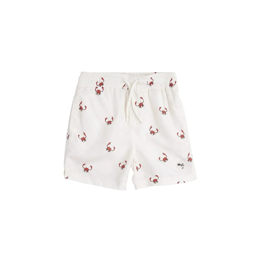 Miles The Label Printed Swim Shorts Crab in white with red crab print, elastic waistband with drawstring, laid flat.