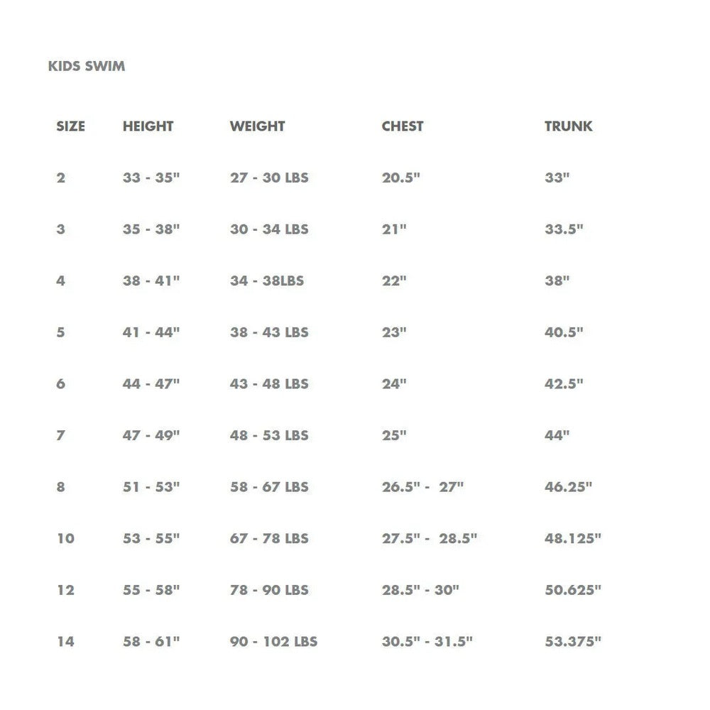 Miles The Label Ruffled Swimsuit Palm Trees size chart showing sizes 2-14 with height, chest, trunk measurements on a clean white page.