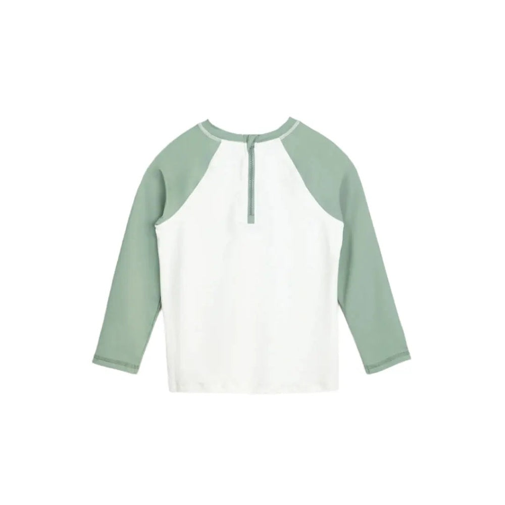 Miles The Label Sea Salt Sun long-sleeve raglan rashguard in dusty green and white, kids' swim top