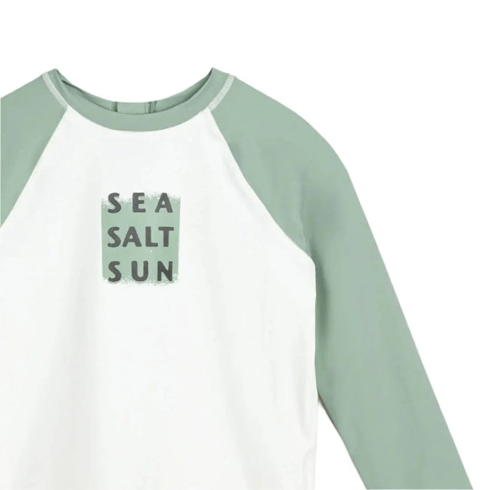 Miles The Label Sea Salt Sun Long-Sleeve Raglan Rashguard in dusty green sleeves and white body shown laid flat.