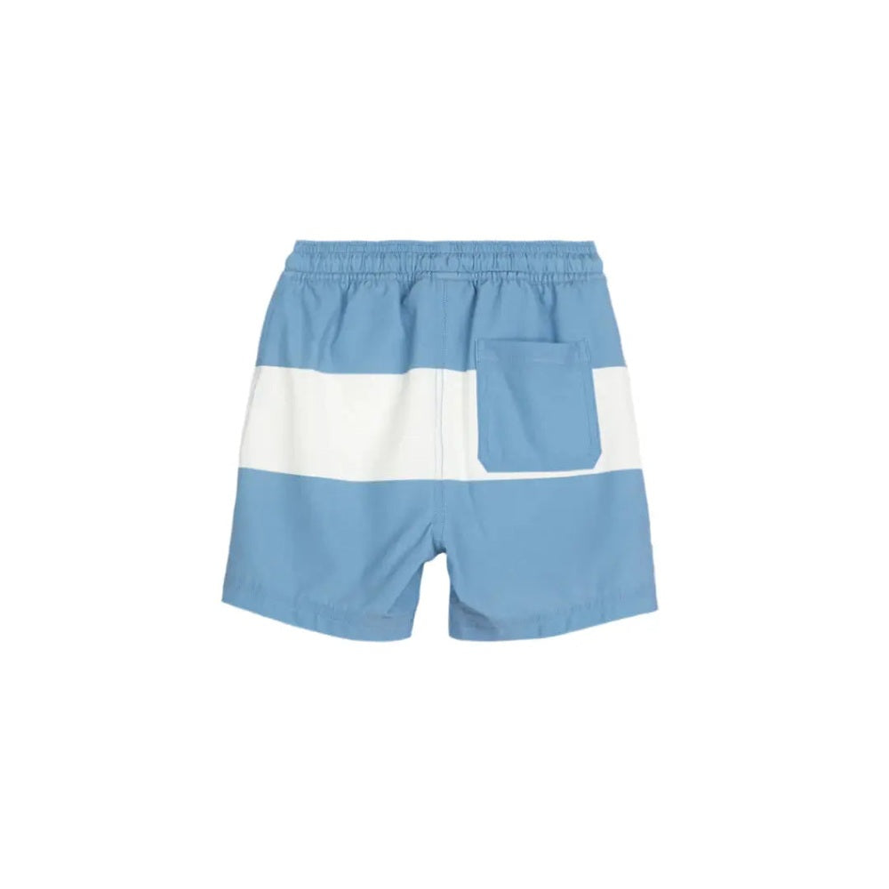 Miles The Label Swim Trunks Light Blue with white stripe and back pocket, shown from the back.