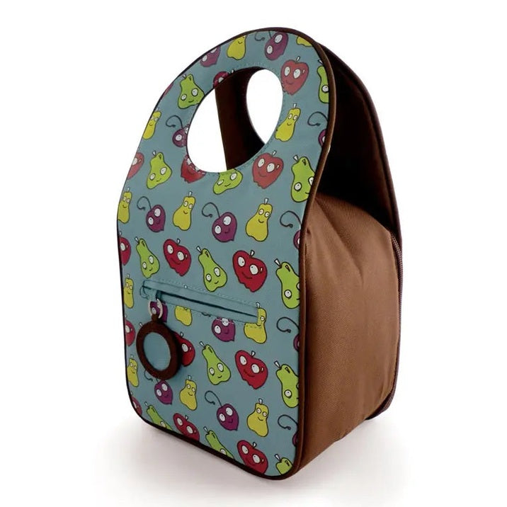 Milkdot Stoh Pattern Lunch Tote in blue with colorful pear and heart prints and brown side panels, carried by its rounded handle