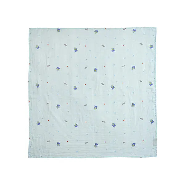 Milo & Gabby Bamboo Blanket, light blue with small blue floral print, laid flat to show soft, breathable fabric.