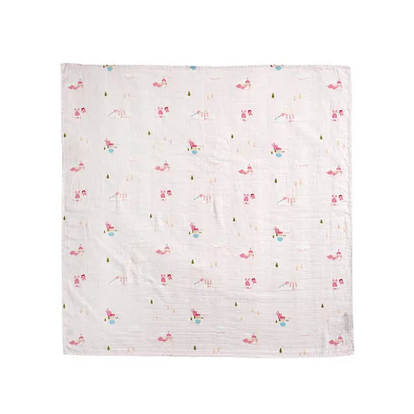 MILO & GABBY Bamboo Blanket laid flat in white with pastel pink and blue baby prints.