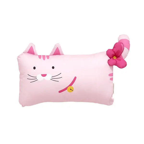 Milo & Gabby Pillow Case For Toddler, pink cat design with a flower-tail accent, laid flat.