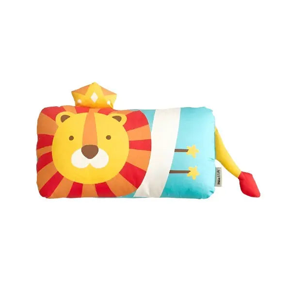 MILO & GABBY Pillow Case For Toddler, cheerful lion face with crown on bright teal/white stripes, tail visible