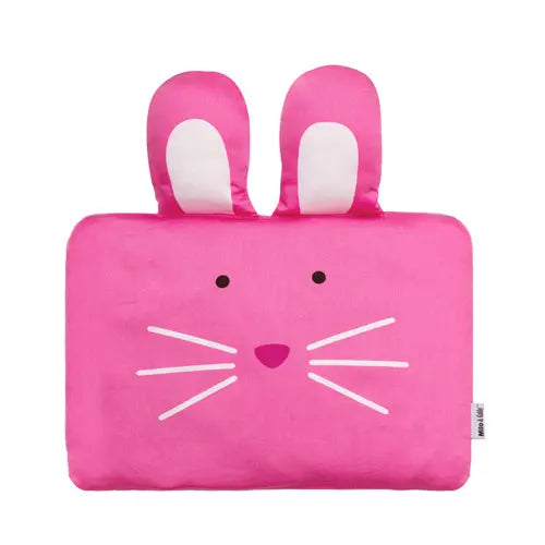 MILO & GABBY Pillowcase For Baby pink bunny face with ears, laid flat to reveal cute design.