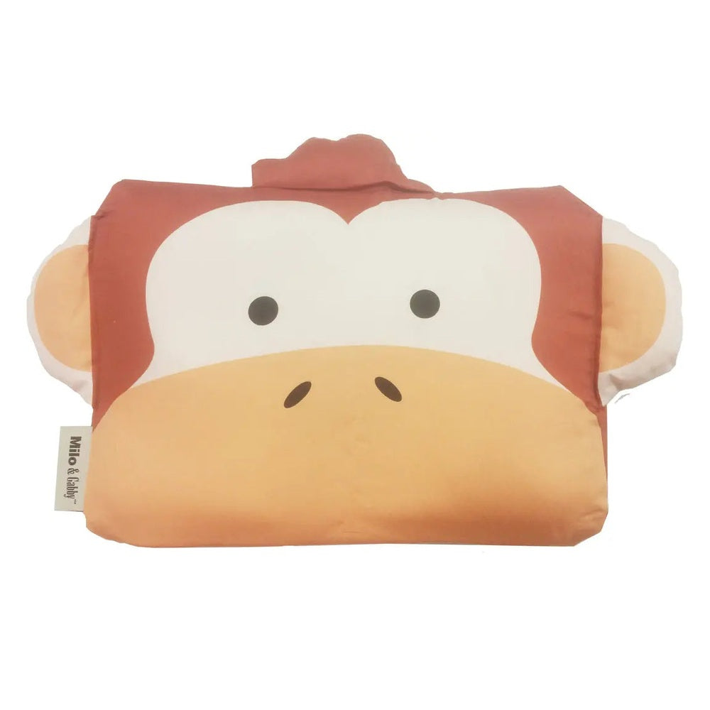 MILO & GABBY Pillowcase for Baby featuring a brown monkey face, soft plush fabric shown laid flat.