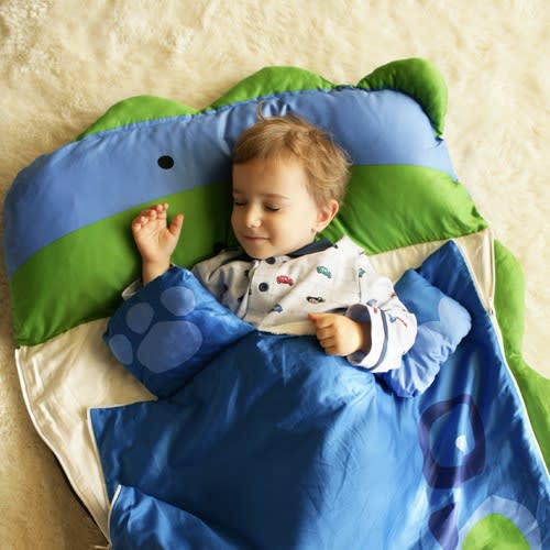 MILO & GABBY kids sleeping bag, blue with green accents, child tucked inside.