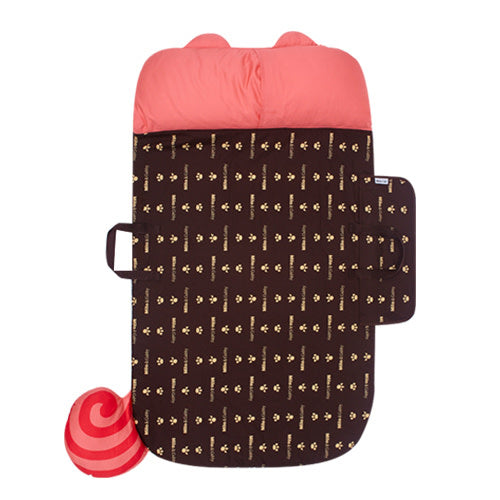 MILO & GABBY kids sleeping bag, coral top with dark bottom adorned by small gold motifs
