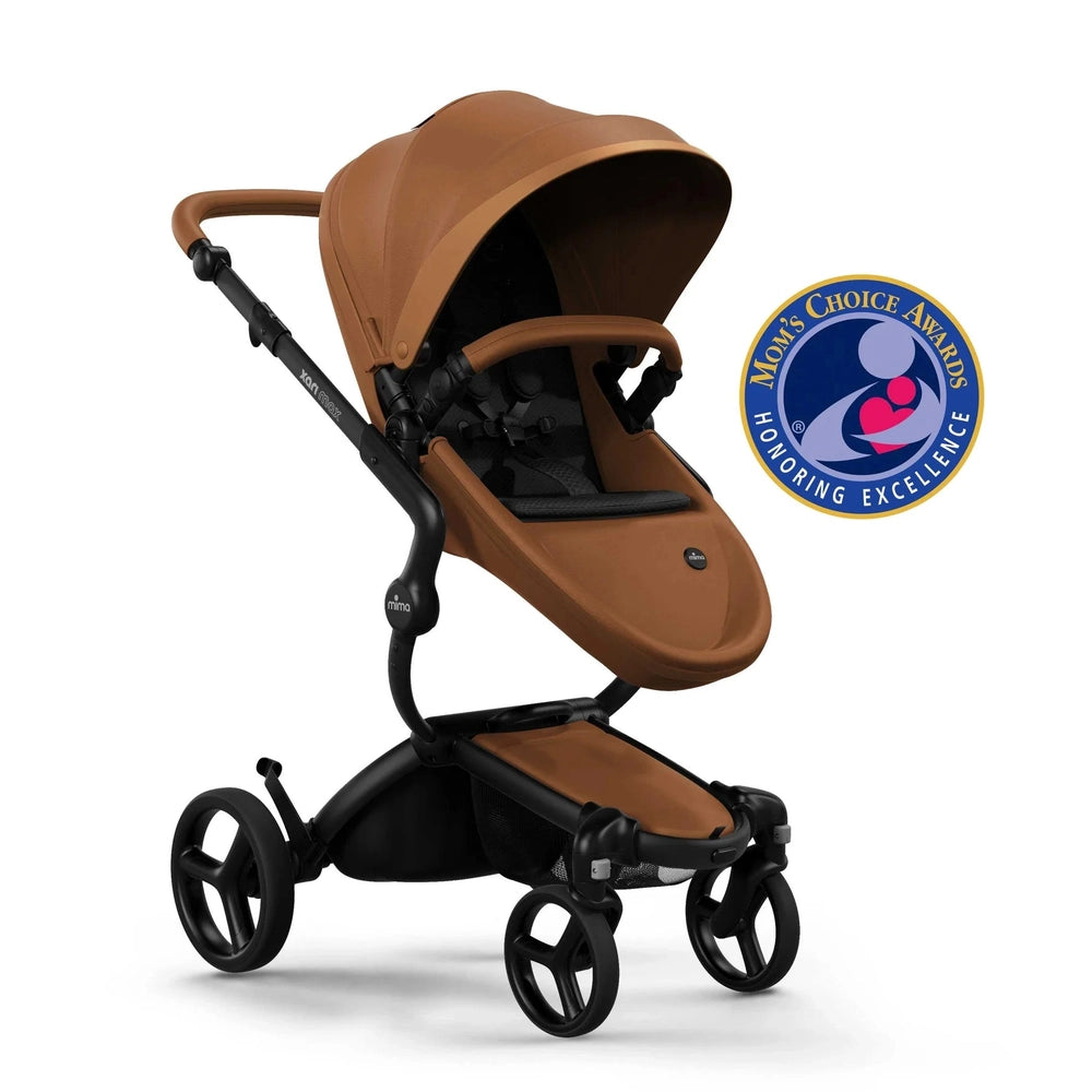 Mima Xari Max Stroller in brown with black frame, featuring large canopy and 4-wheel push setup.