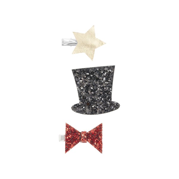 Mimi & Lula Circus Clips Pack with three glitter clips: star, black top hat, and red bow tie