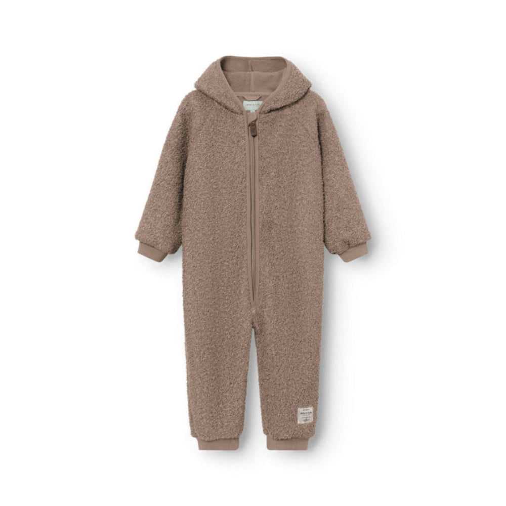MINI A TURE Matadel teddyfleece jumpsuit, grey-brown, cozy baby outerwear
