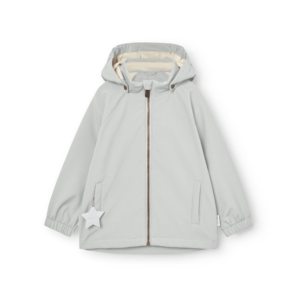 MINI A TURE Mini A Ture Mataden Softshell Jacket Frosted Mint Cream hood lining with white star zipper charm and elastic cuffs img 1/3